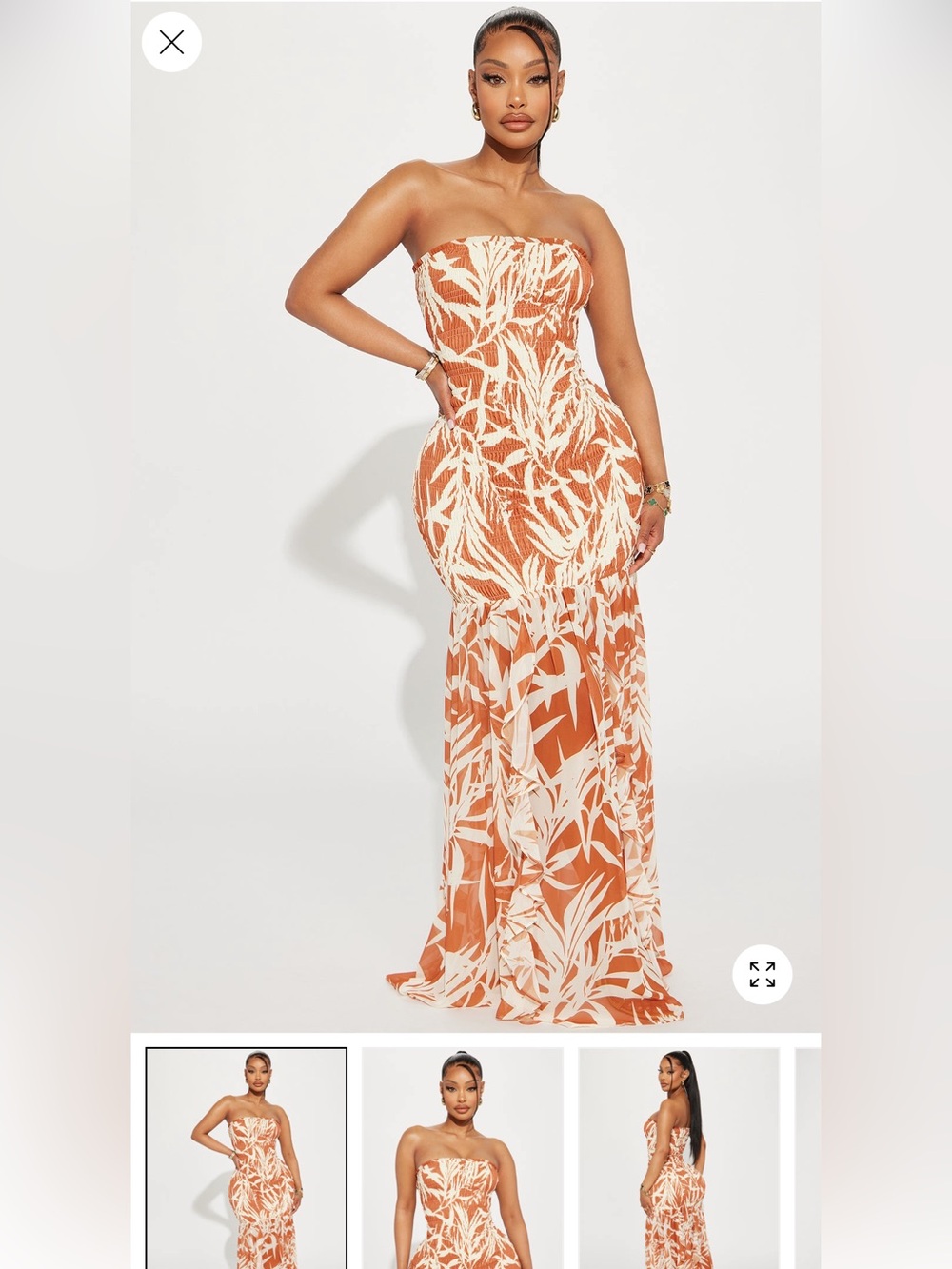 Fashion Nova Strapless Orange and Cream Tropical Maxi Dress